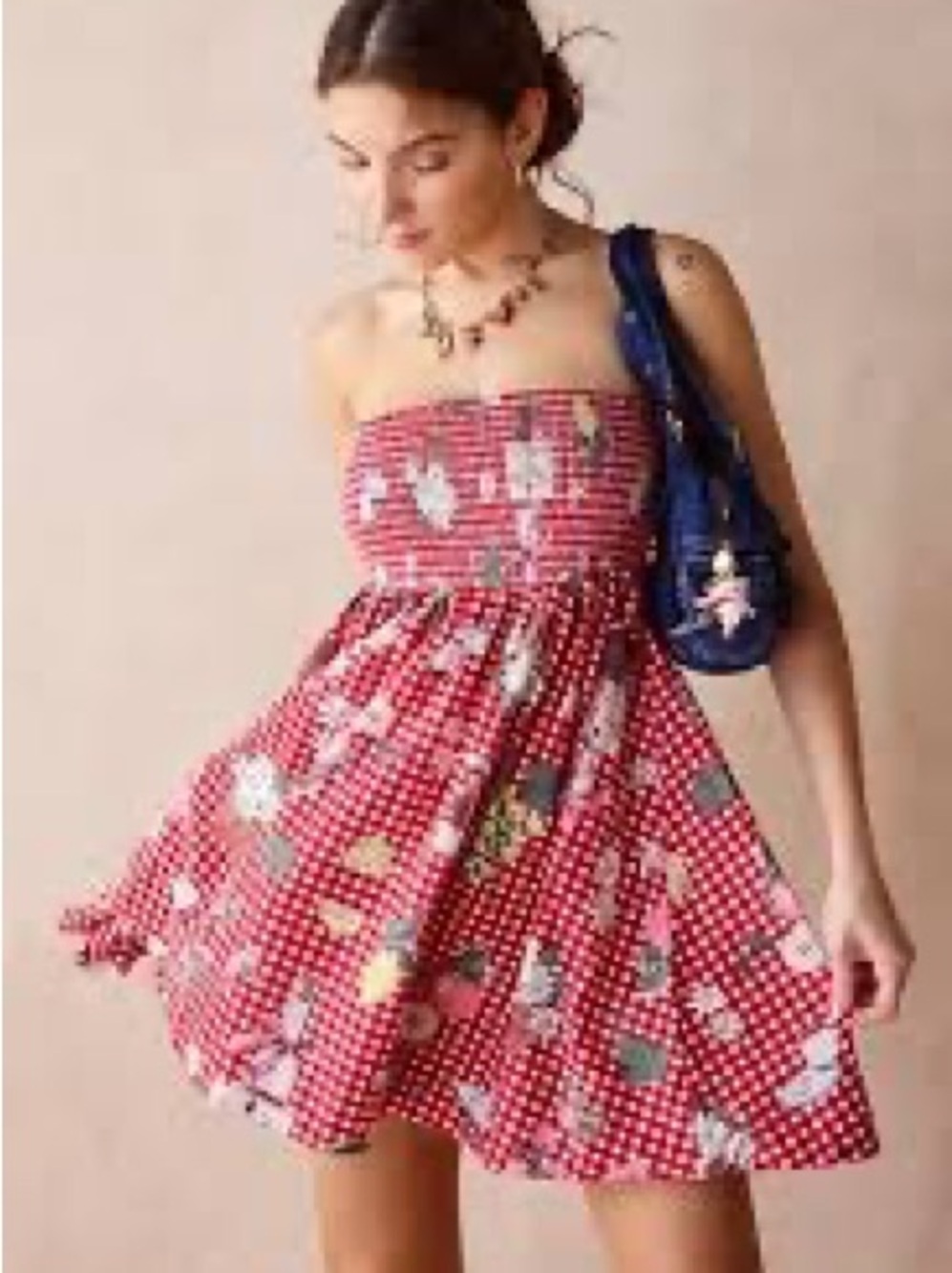 BDG Red Floral Gingham checkered food Strapless Sundress picnic
